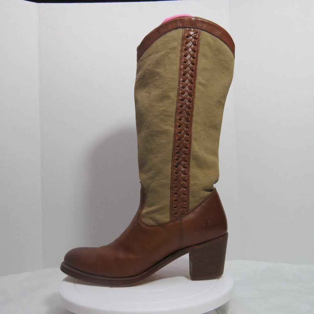 Women's Jane Frye 9.5 Knee High Boots Braided Leather Brown Round Toe Canvas